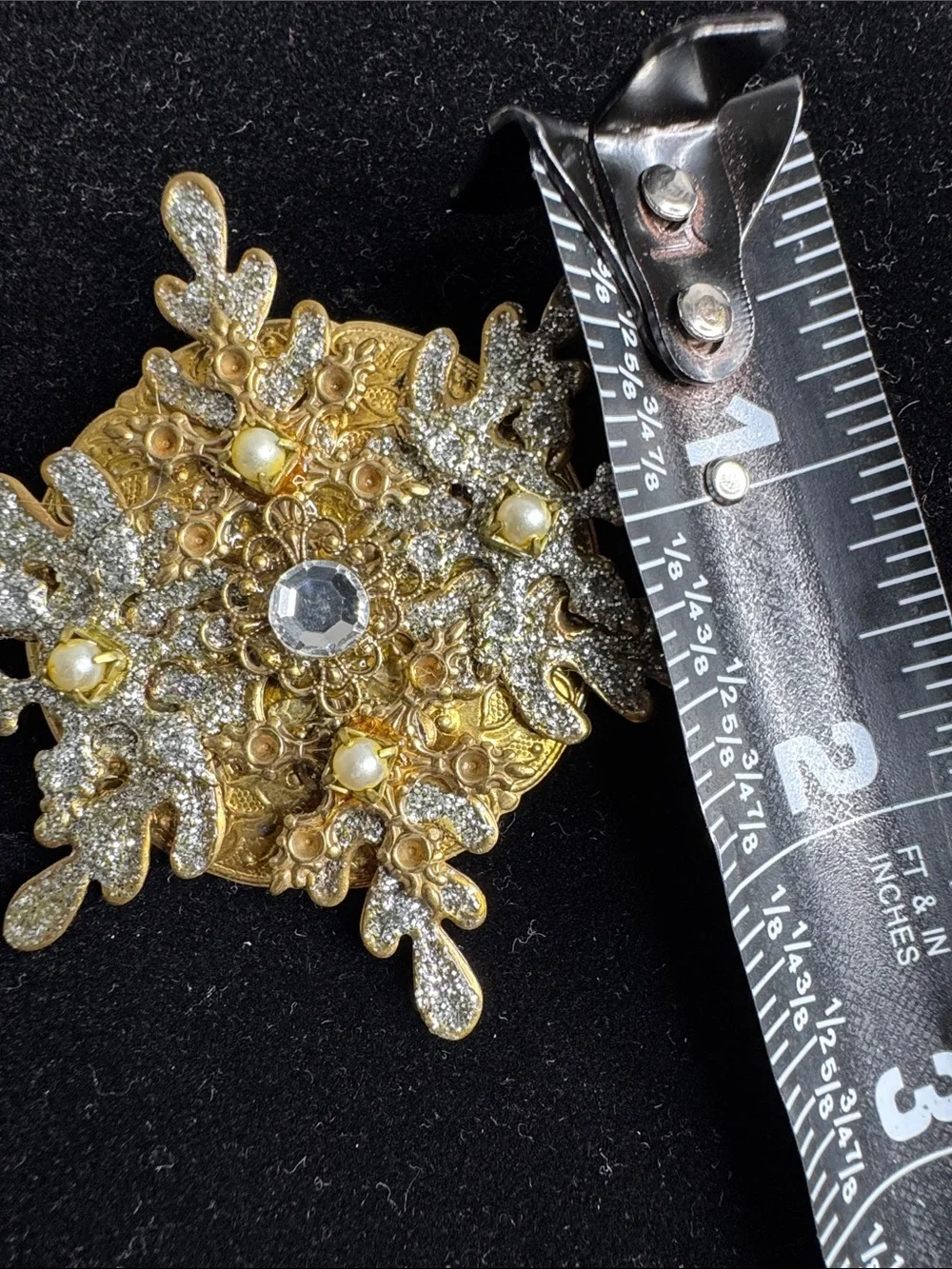 Gold Tone Floral Statement Brooch Pearl Rhinestone Crystal Ornate Pin